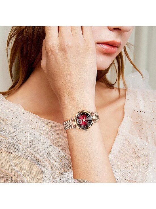 Womens Gold Red Elegant Stainless Steel Analog Creative Diamond Dial Wrist Watch main image 4